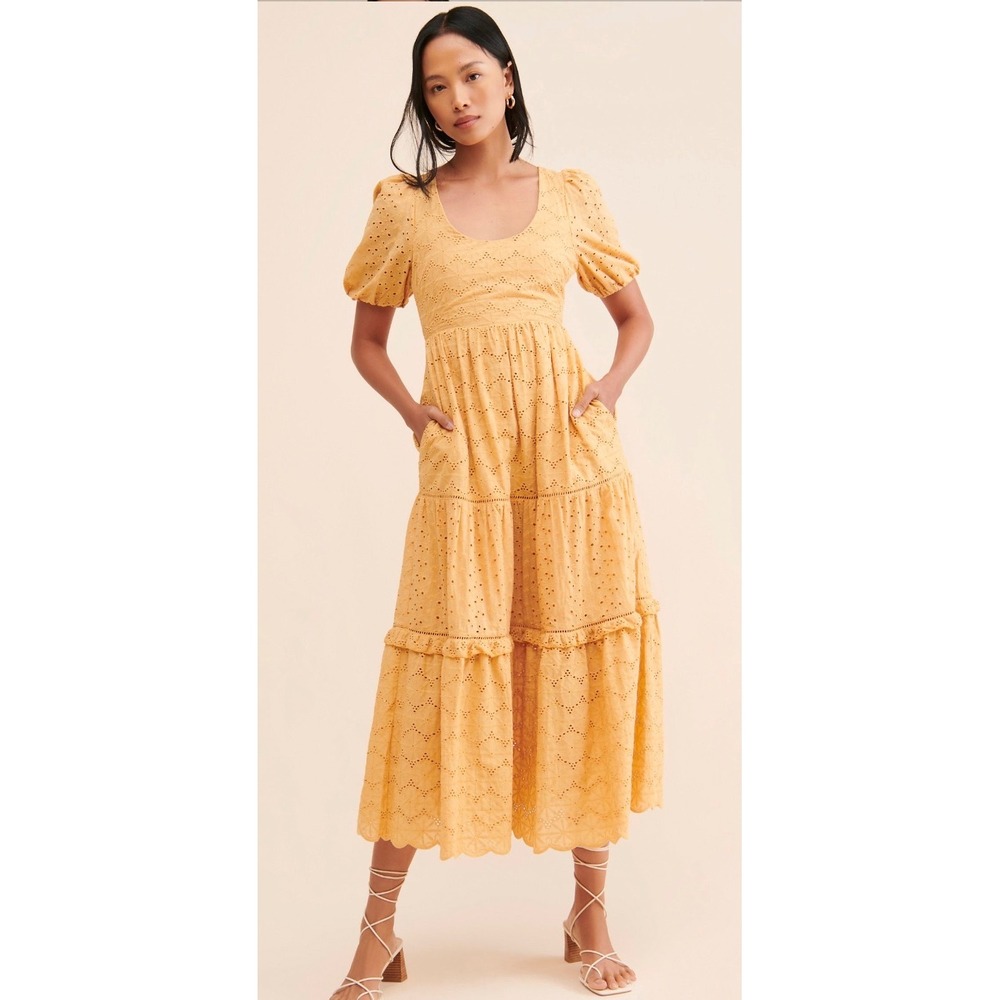 Harni Mae Midi Dress Yellow Eyelet Cotton Puff Sleeve Tiered Cutout Back Large